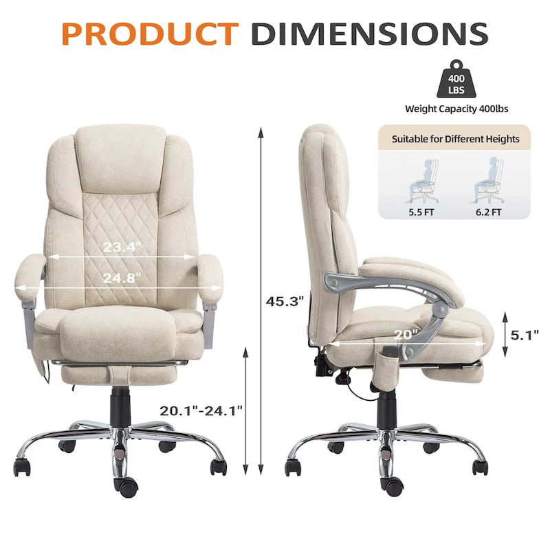 Chaise de bureau de massage chauffante EROMMY avec repose-pieds, chaise de bureau inclinable ergonomique avec support lombaire et hauteur réglable.