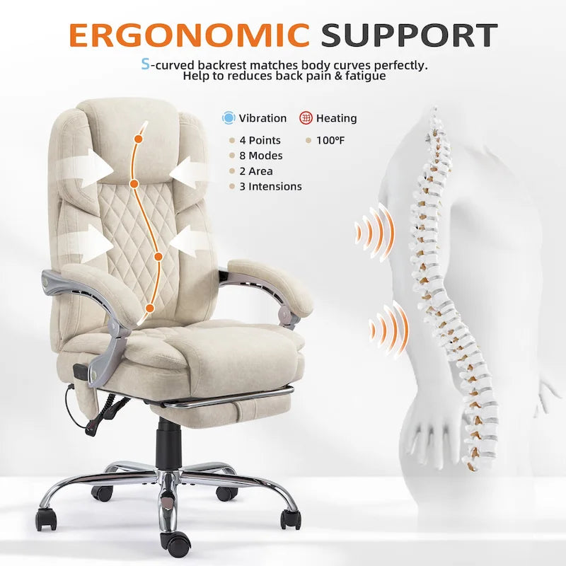 Chaise de bureau de massage chauffante EROMMY avec repose-pieds, chaise de bureau inclinable ergonomique avec support lombaire et hauteur réglable.