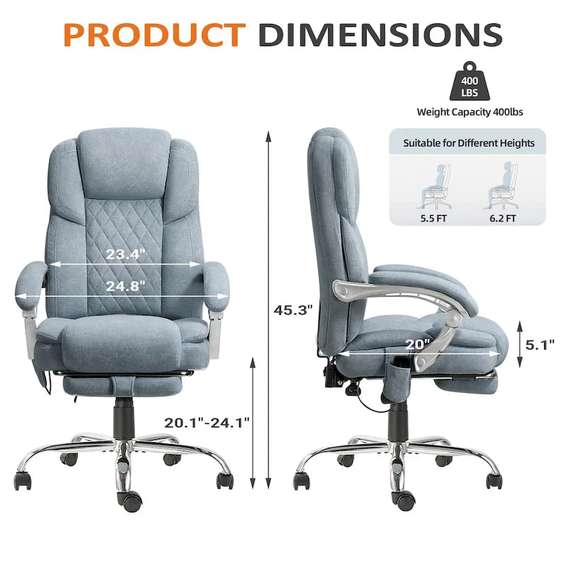 Chaise de bureau de massage chauffante EROMMY avec repose-pieds, chaise de bureau inclinable ergonomique avec support lombaire et hauteur réglable.