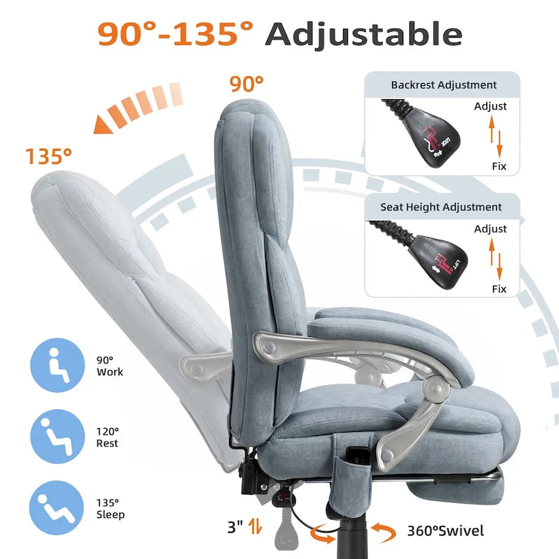 Chaise de bureau de massage chauffante EROMMY avec repose-pieds, chaise de bureau inclinable ergonomique avec support lombaire et hauteur réglable.
