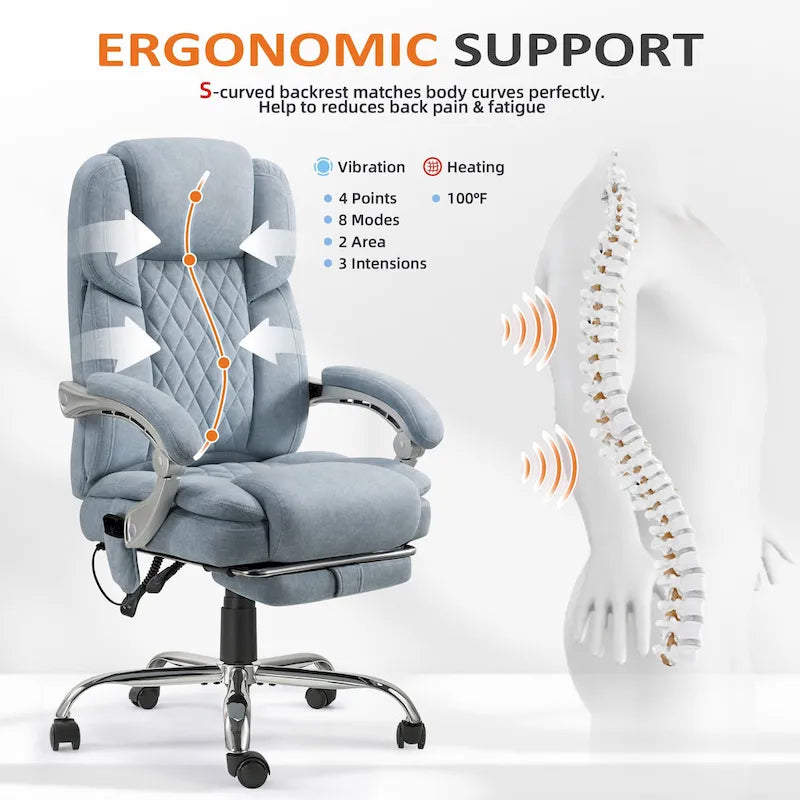 Chaise de bureau de massage chauffante EROMMY avec repose-pieds, chaise de bureau inclinable ergonomique avec support lombaire et hauteur réglable.
