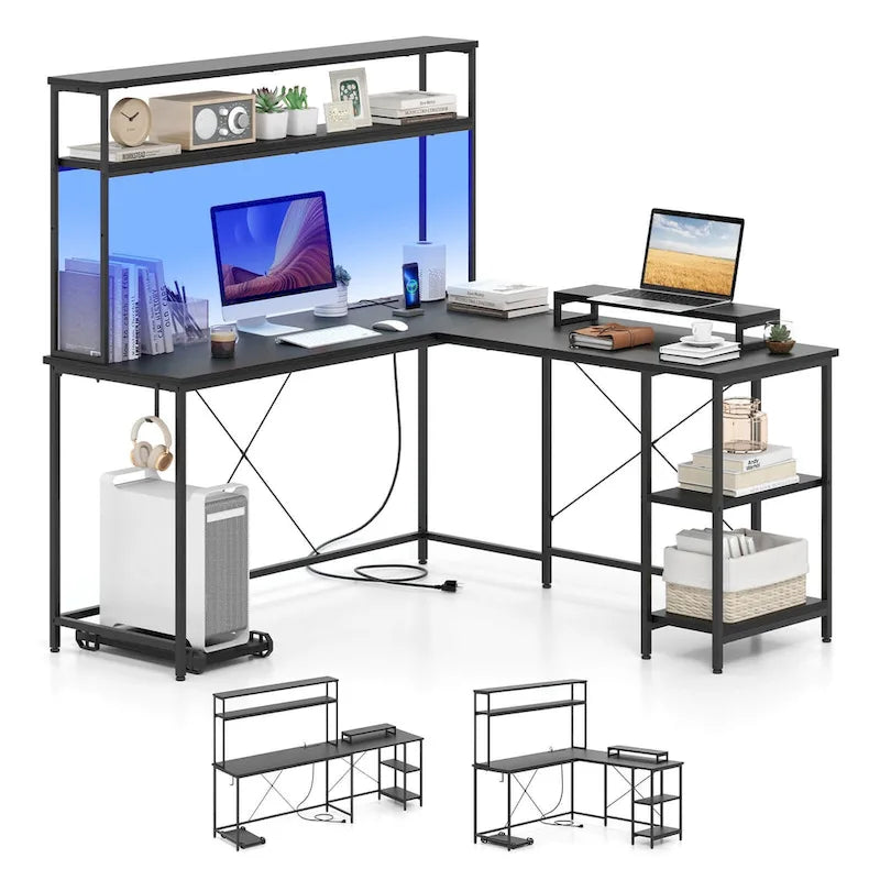 Bureau de Jeu en Forme de L Costway avec Bande LED et Prises de Courant, avec Huche - Voir Détails