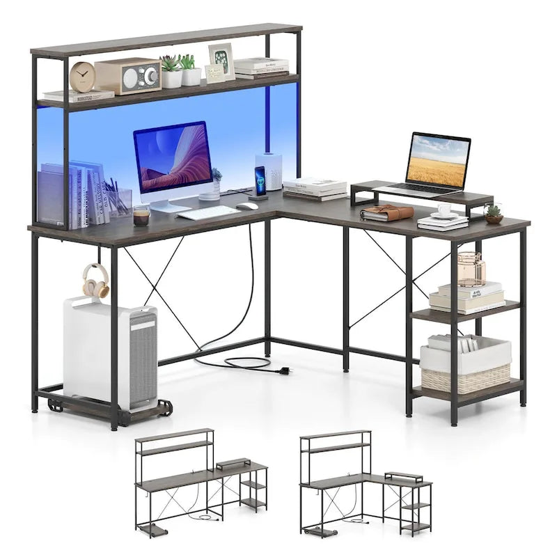 Bureau de Jeu en Forme de L Costway avec Bande LED et Prises de Courant, avec Huche - Voir Détails