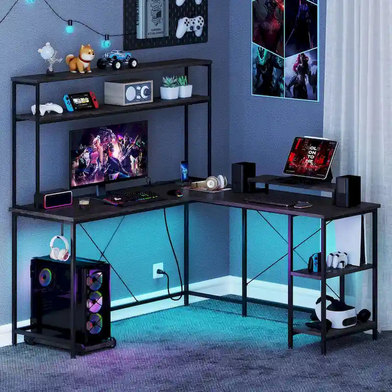 Bureau de Jeu en Forme de L Costway avec Bande LED et Prises de Courant, avec Huche - Voir Détails