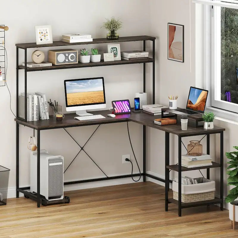 Bureau de Jeu en Forme de L Costway avec Bande LED et Prises de Courant, avec Huche - Voir Détails