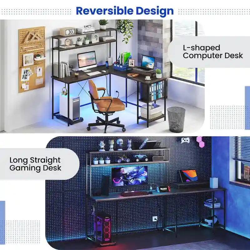 Bureau de Jeu en Forme de L Costway avec Bande LED et Prises de Courant, avec Huche - Voir Détails