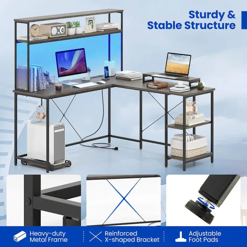 Bureau de Jeu en Forme de L Costway avec Bande LED et Prises de Courant, avec Huche - Voir Détails