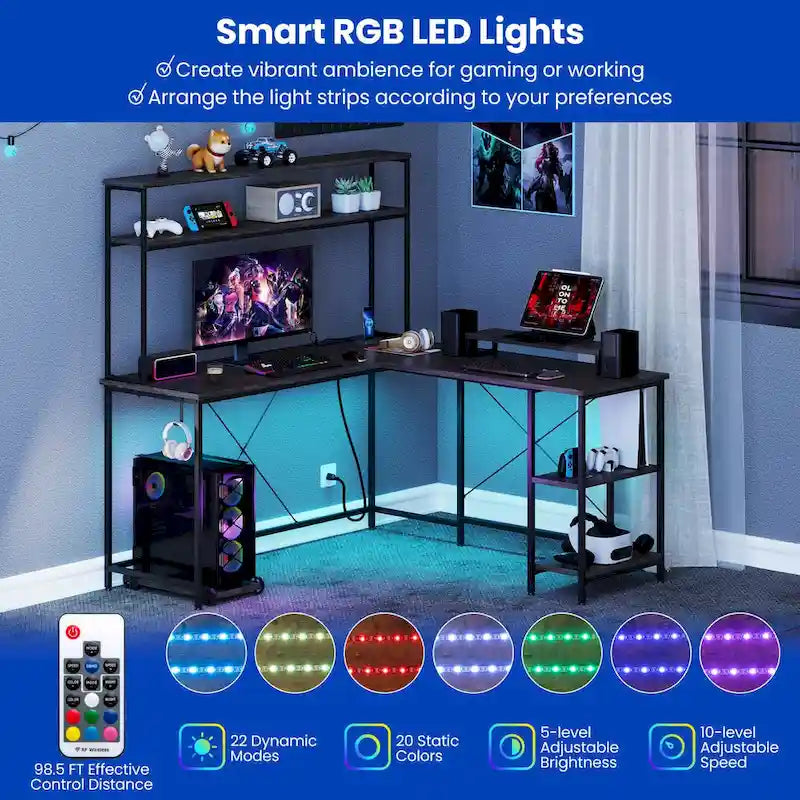 Bureau de Jeu en Forme de L Costway avec Bande LED et Prises de Courant, avec Huche - Voir Détails