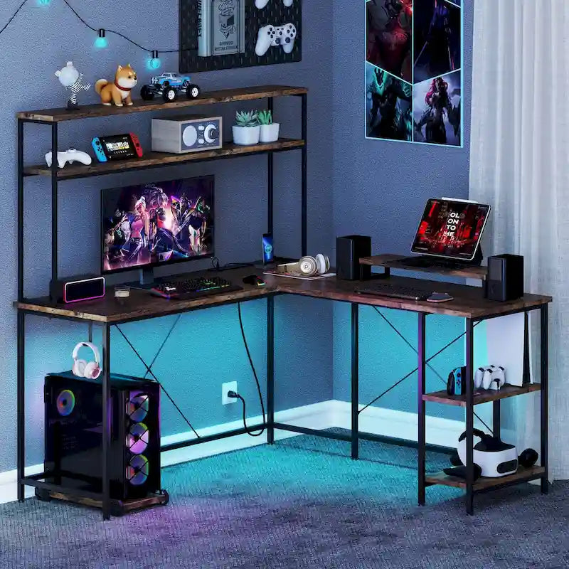 Bureau de Jeu en Forme de L Costway avec Bande LED et Prises de Courant, avec Huche - Voir Détails