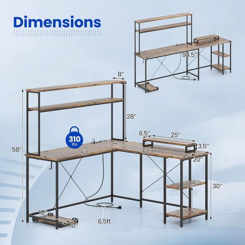 Bureau de Jeu en Forme de L Costway avec Bande LED et Prises de Courant, avec Huche - Voir Détails