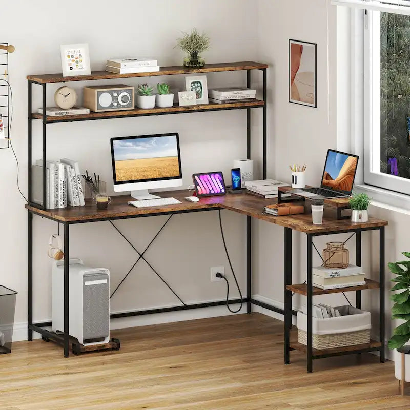 Bureau de Jeu en Forme de L Costway avec Bande LED et Prises de Courant, avec Huche - Voir Détails