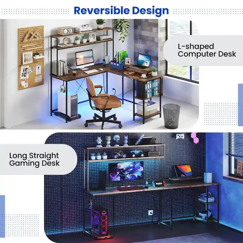 Bureau de Jeu en Forme de L Costway avec Bande LED et Prises de Courant, avec Huche - Voir Détails