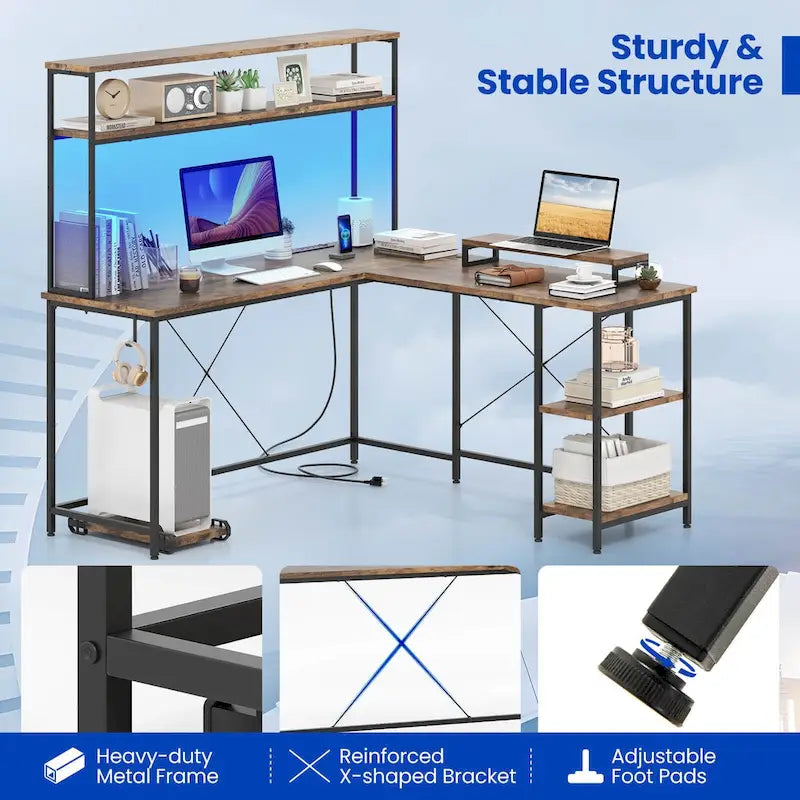 Bureau de Jeu en Forme de L Costway avec Bande LED et Prises de Courant, avec Huche - Voir Détails