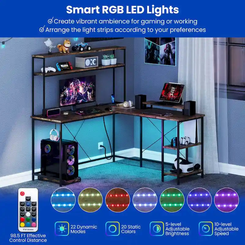 Bureau de Jeu en Forme de L Costway avec Bande LED et Prises de Courant, avec Huche - Voir Détails