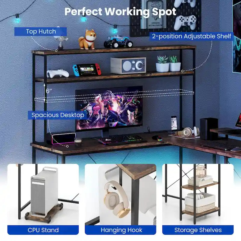 Bureau de Jeu en Forme de L Costway avec Bande LED et Prises de Courant, avec Huche - Voir Détails