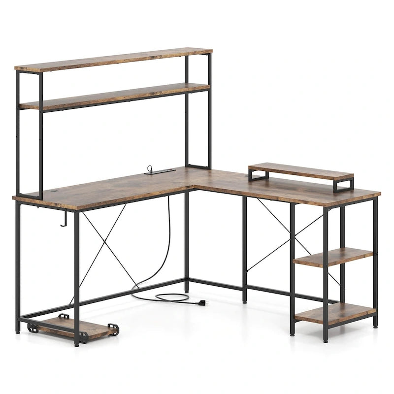 Bureau de Jeu en Forme de L Costway avec Bande LED et Prises de Courant, avec Huche - Voir Détails