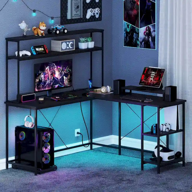 Bureau de Jeu en Forme de L Costway avec Bande LED et Prises de Courant, avec Huche - Voir Détails