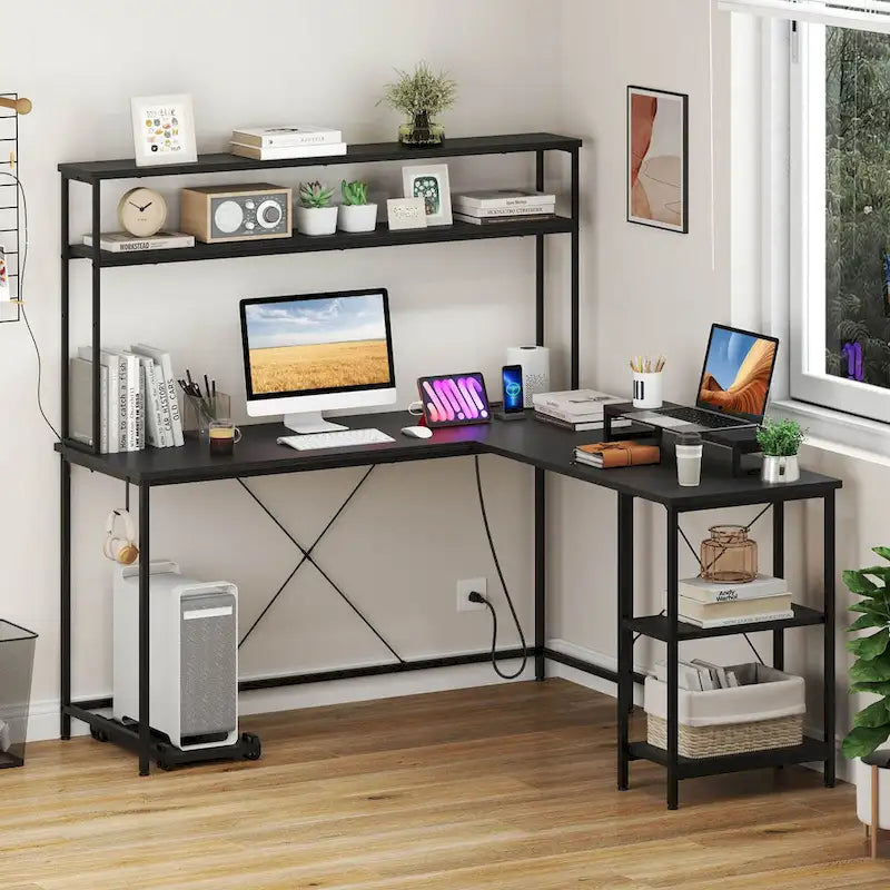 Bureau de Jeu en Forme de L Costway avec Bande LED et Prises de Courant, avec Huche - Voir Détails