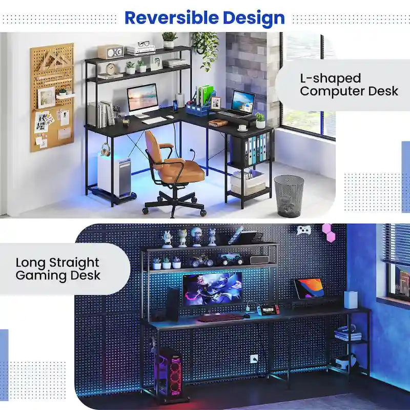 Bureau de Jeu en Forme de L Costway avec Bande LED et Prises de Courant, avec Huche - Voir Détails