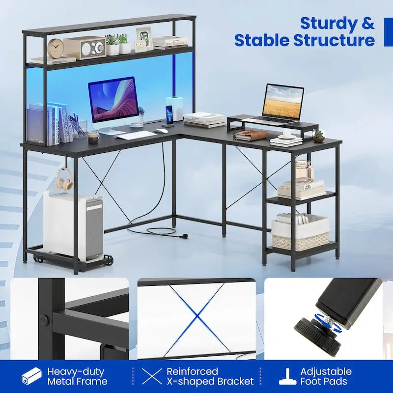 Bureau de Jeu en Forme de L Costway avec Bande LED et Prises de Courant, avec Huche - Voir Détails