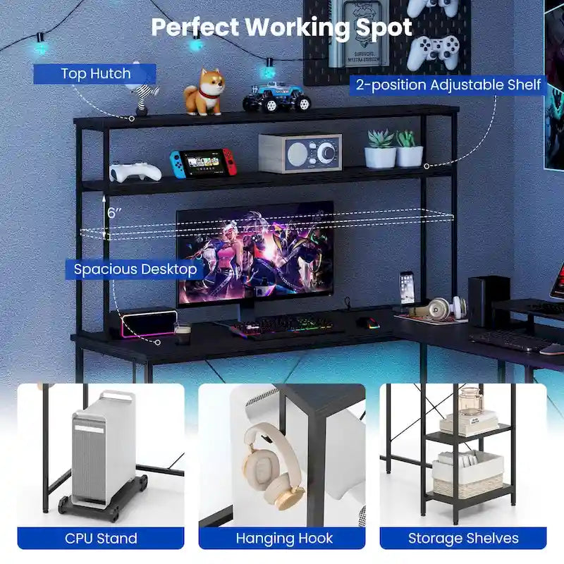 Bureau de Jeu en Forme de L Costway avec Bande LED et Prises de Courant, avec Huche - Voir Détails