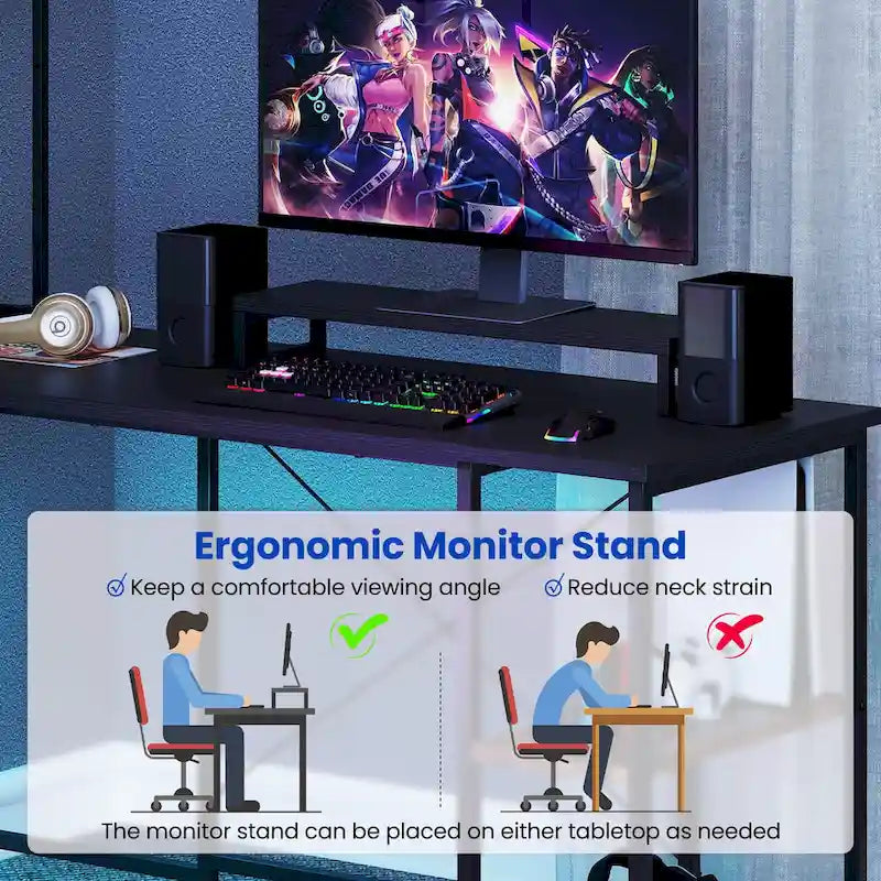 Bureau de Jeu en Forme de L Costway avec Bande LED et Prises de Courant, avec Huche - Voir Détails