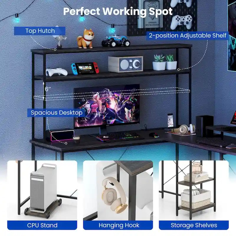 Bureau de Jeu en Forme de L Costway avec Bande LED et Prises de Courant, avec Huche - Voir Détails