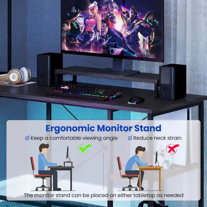 Bureau de Jeu en Forme de L Costway avec Bande LED et Prises de Courant, avec Huche - Voir Détails