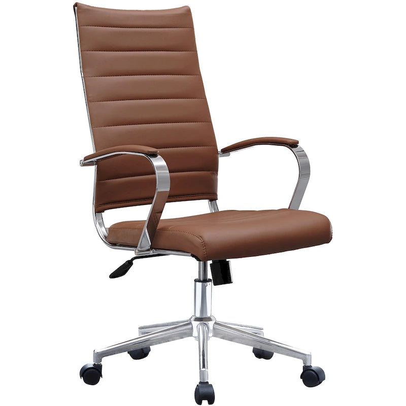Chaise de bureau moderne à dossier haut marron en cuir PU côtelé pivotante pour salle de conférence, bureau, visiteur, vintage, rétro, direction