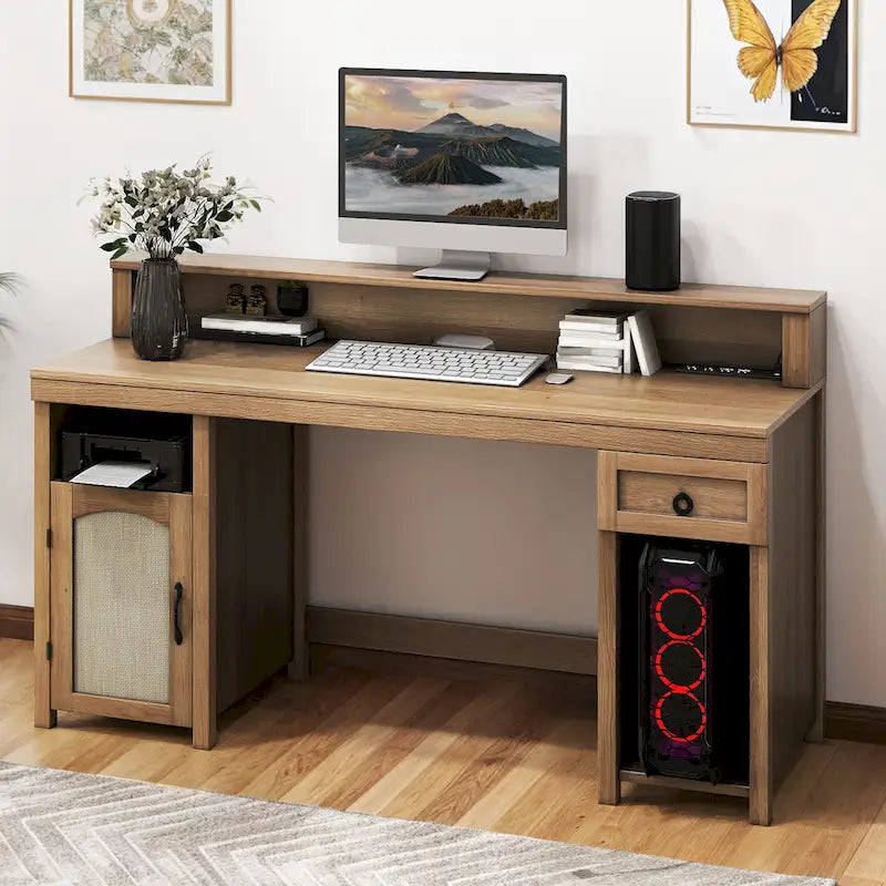 Bureau d'ordinateur en bois de ferme Moasis avec tiroir, bande LED et prises de courant