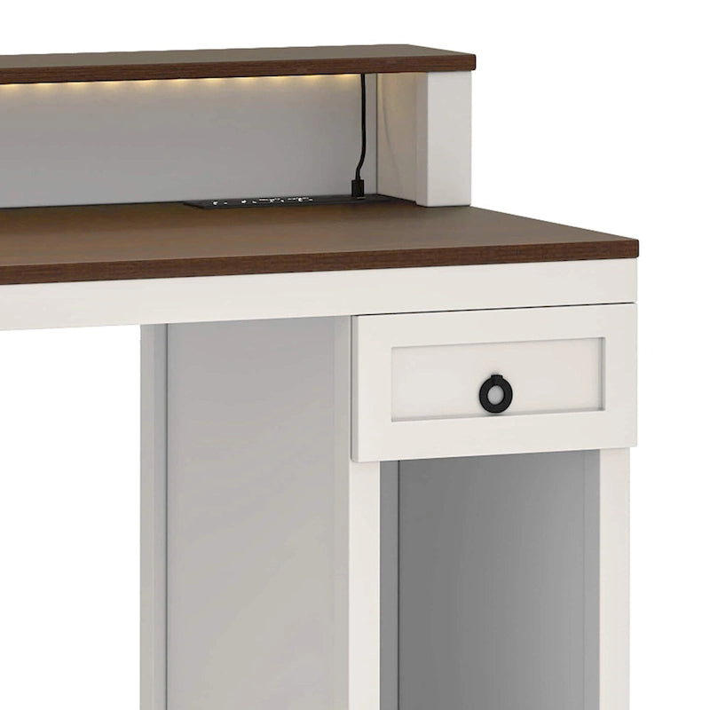 Bureau d'ordinateur en bois de ferme Moasis avec tiroir, bande LED et prises de courant