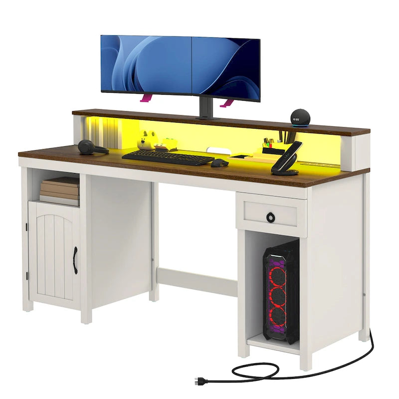 Bureau d'ordinateur en bois de ferme Moasis avec tiroir, bande LED et prises de courant