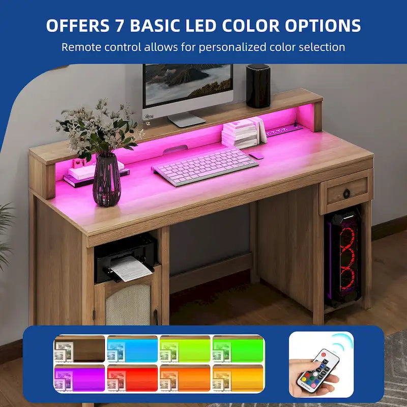 Bureau d'ordinateur en bois de ferme Moasis avec tiroir, bande LED et prises de courant