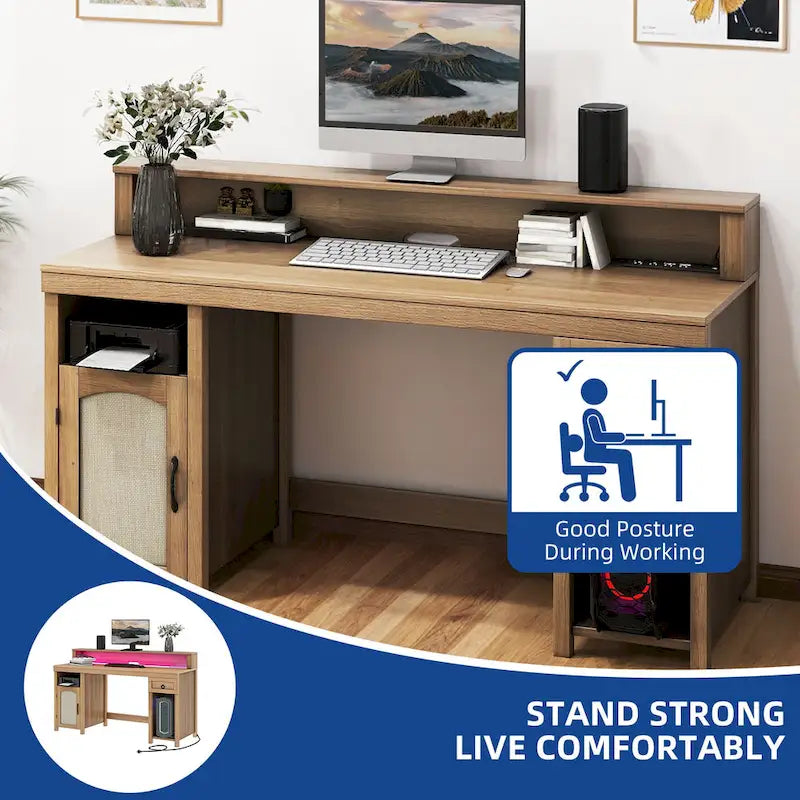Bureau d'ordinateur en bois de ferme Moasis avec tiroir, bande LED et prises de courant