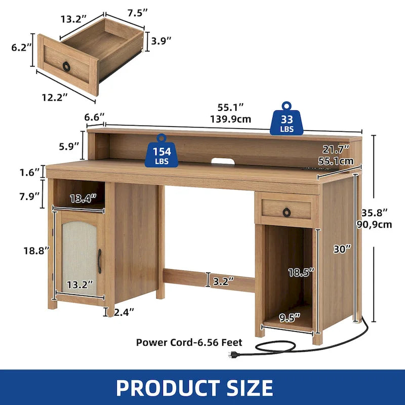 Bureau d'ordinateur en bois de ferme Moasis avec tiroir, bande LED et prises de courant
