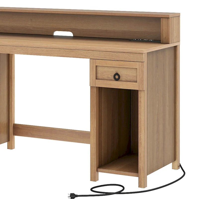 Bureau d'ordinateur en bois de ferme Moasis avec tiroir, bande LED et prises de courant