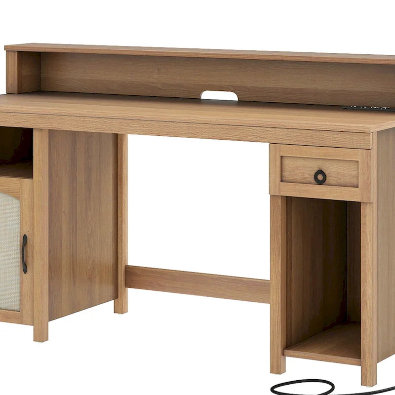Bureau d'ordinateur en bois de ferme Moasis avec tiroir, bande LED et prises de courant