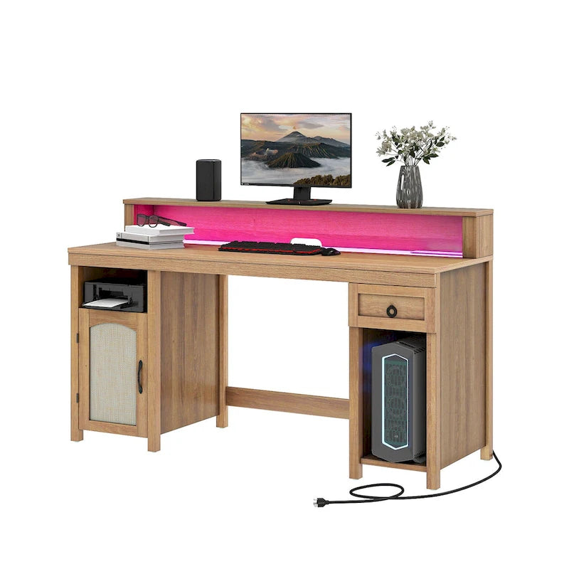 Bureau d'ordinateur en bois de ferme Moasis avec tiroir, bande LED et prises de courant