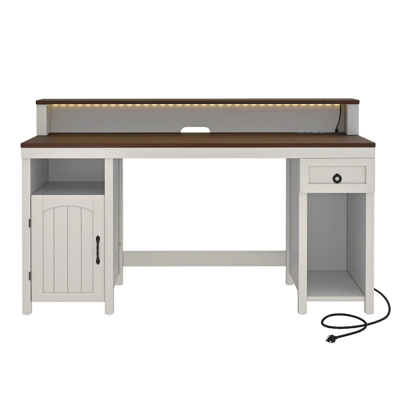 Bureau d'ordinateur en bois de ferme Moasis avec tiroir, bande LED et prises de courant