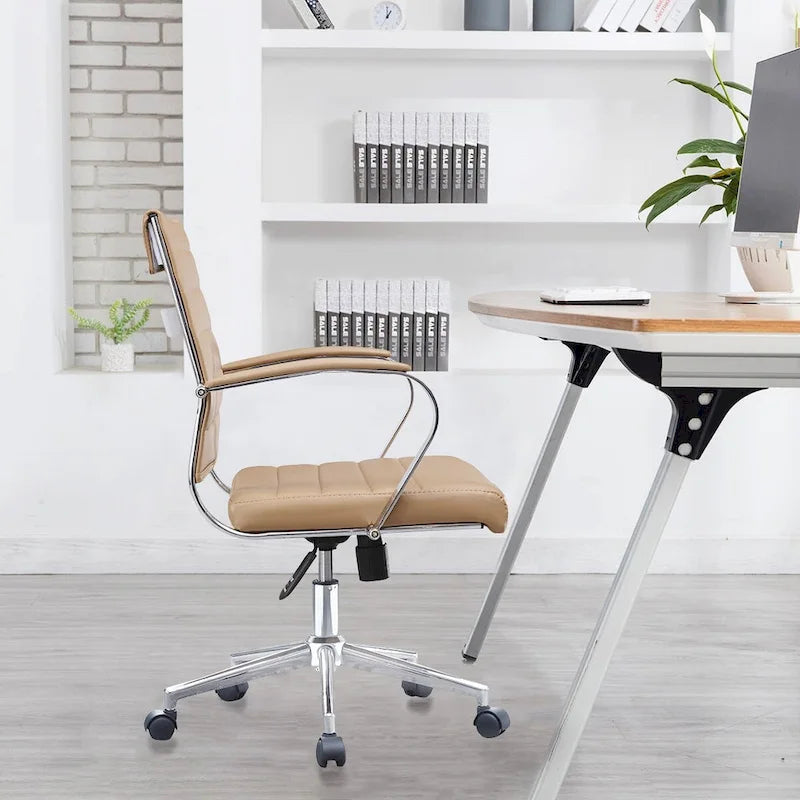 Chaise de bureau moderne, chaise de salle de conférence exécutive à dossier mi-haut en cuir PU avec roulettes et accoudoirs