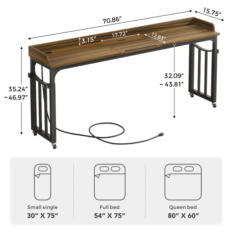Table de lit 71 pouces avec hauteur réglable et prise de courant, Table de lit Queen Size