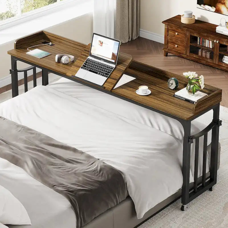 Table de lit 71 pouces avec hauteur réglable et prise de courant, Table de lit Queen Size