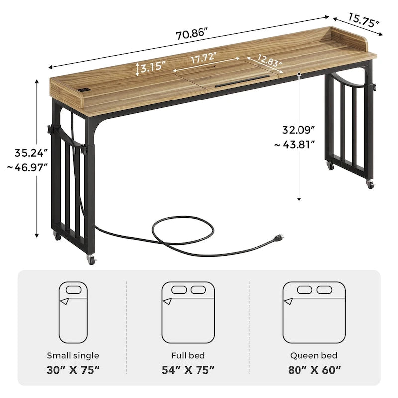 Table de lit 71 pouces avec hauteur réglable et prise de courant, Table de lit Queen Size