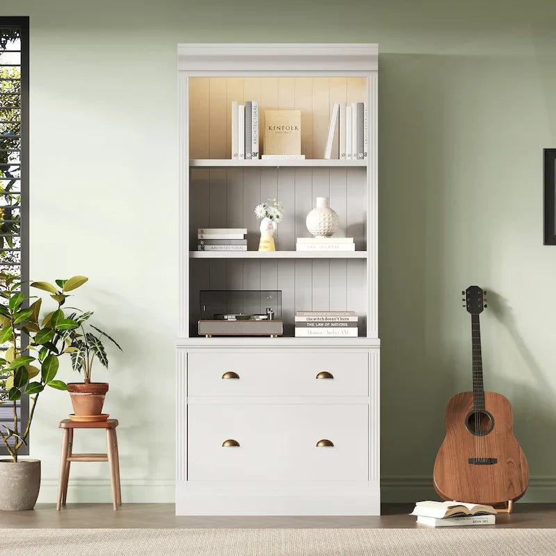 Bibliothèque haute polyvalente avec éclairage LED et plusieurs options de rangement pour la maison
