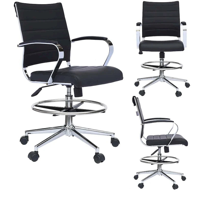 Chaise de bureau avec accoudoirs Tabourets pour comptoir Hauteur de bar Bureau Roues Cuir PU Repose-pieds Inclinaison Pivotant Travail Bureau Debout