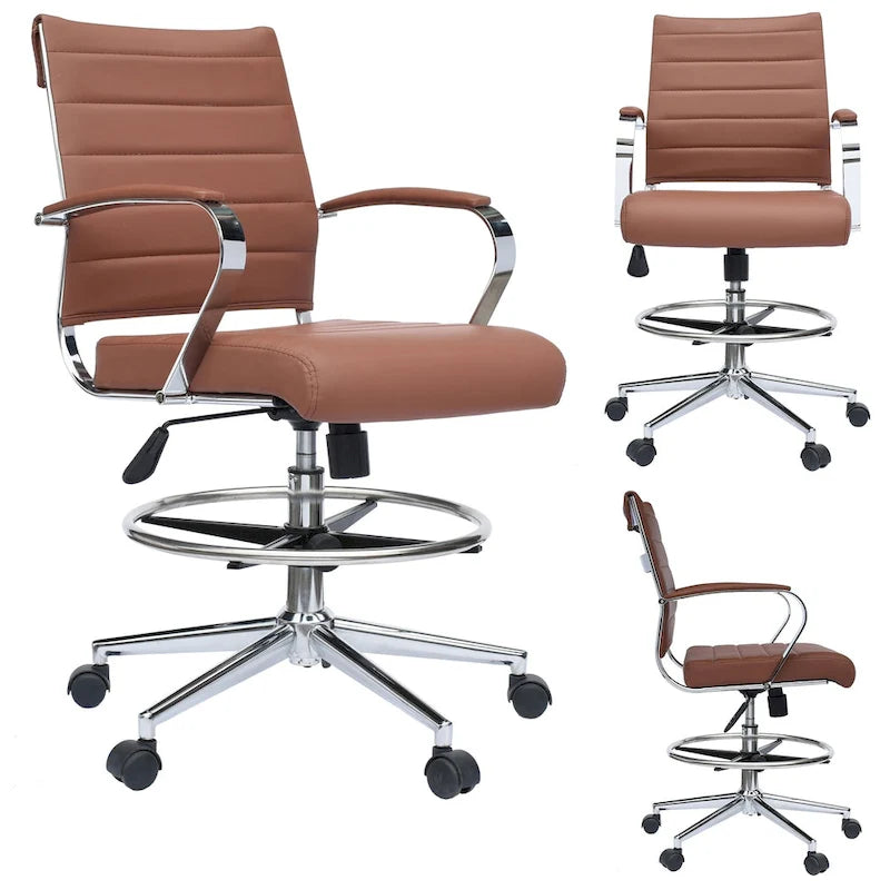 Chaise de bureau avec accoudoirs Tabourets pour comptoir Hauteur de bar Bureau Roues Cuir PU Repose-pieds Inclinaison Pivotant Travail Bureau Debout
