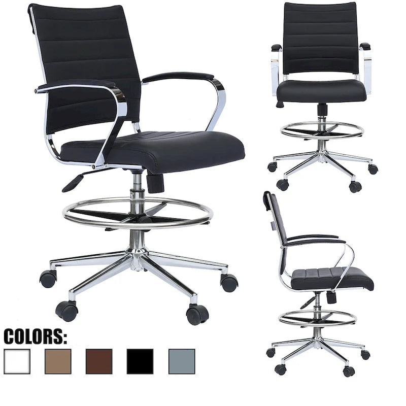 Chaise de bureau avec accoudoirs Tabourets pour comptoir Hauteur de bar Bureau Roues Cuir PU Repose-pieds Inclinaison Pivotant Travail Bureau Debout