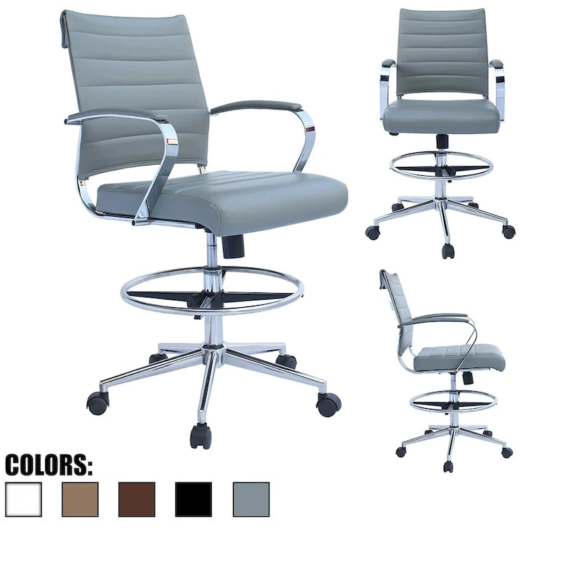 Chaise de bureau avec accoudoirs Tabourets pour comptoir Hauteur de bar Bureau Roues Cuir PU Repose-pieds Inclinaison Pivotant Travail Bureau Debout