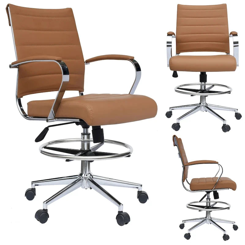 Chaise de bureau avec accoudoirs Tabourets pour comptoir Hauteur de bar Bureau Roues Cuir PU Repose-pieds Inclinaison Pivotant Travail Bureau Debout