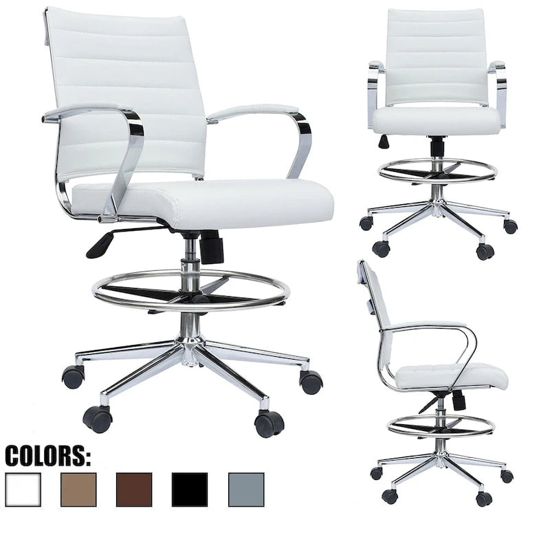 Chaise de bureau avec accoudoirs Tabourets pour comptoir Hauteur de bar Bureau Roues Cuir PU Repose-pieds Inclinaison Pivotant Travail Bureau Debout